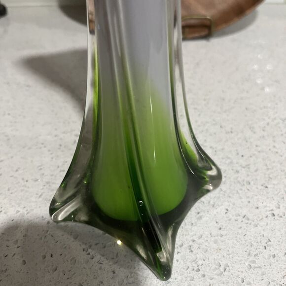 Jack in the Pulpit Vase - Cased Ribbed Swirled Green Purple White 12” Hand Blown - Picture 5 of 12